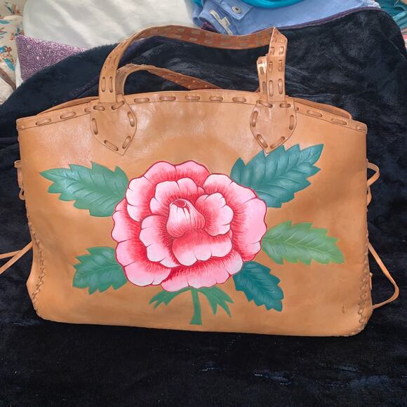 VINTAGE MYSTIQUE HUGE BOHO HANDPAINTED TOOLED LEATHER WHIPSTITCHED TOTE BAG ART - Picture 1 of 11